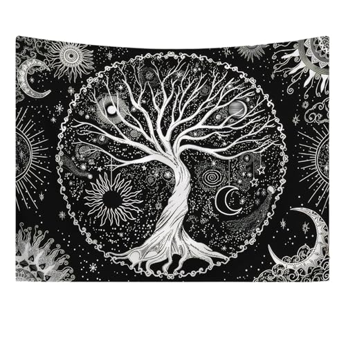 Baum des Lebens Wandteppich, 150x130cm Sonne Mond Tapisserie, Wandbehang Schwarz, Tapisserie Wandbehang, für Schlafzimmer Ästhetik Zuhause Wohnzimmer Wohnheim Dekor (Schwarz Weiß)