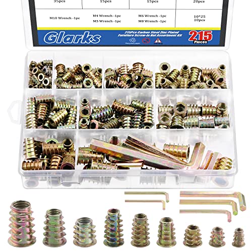 Glarks 215Pcs M4 M5 M6 M8 M10 Threaded Inserts Nuts Zinc Alloy Hex Socket Drive Furniture Screw-in Nut with Hex Wrenches for Wood Furniture Bolt Fastener Connector