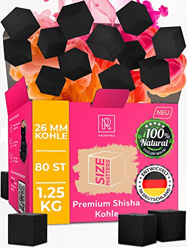 Shisha Kohle 1,25 KG 80 Würfel 26mm - 100% Organic Bio Naturkohle |ohne chemische Zusätze| Für Shisha & BBQ - Mit Kohle Grill und Shisha Zubehör wie HMD Smokebox & Kaminaufsatz Shishakohle Coal