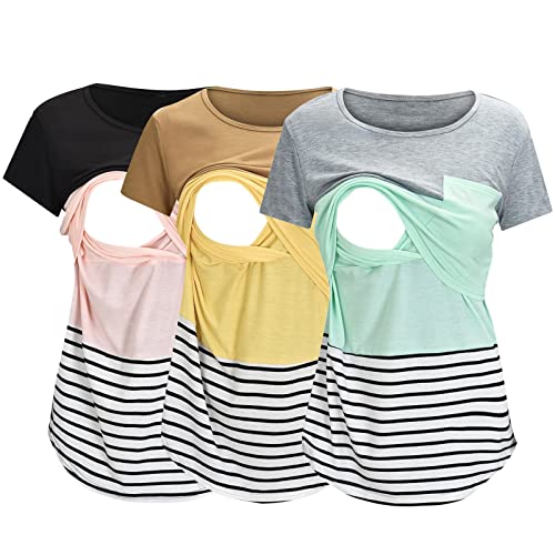 Damen Stillshirt Baumwolle Sommer Umstandsshirt Gestreifte Ärmel Schwangere Kurzarm Nursing T-Shirt Tops Umstandskleidung Stillshirts Umstandskleid Schwangerschaft Umstandsmode (Yu1 Grey, XL)