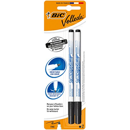 BIC Velleda Whiteboard-Stifte, trocken abwischbare Marker in schwarz, geruchsarm und mit widerstandsfähiger, dünner Spitze, 2 Stück