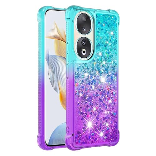 Miagon Bling Fließende Flüssigkeit Hülle für Honor 90 Glitzer Schwimmend Schutzhülle Treibsand Herz Gradient Wasserfall Transparent Flüssig Silikon Bumper Case