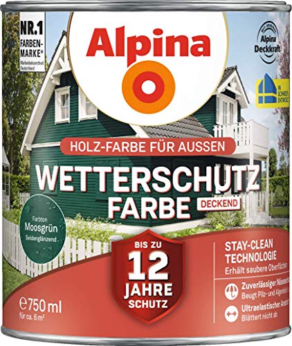 Alpina Holz-Wetterschutz-Farben – Moosgrün, deckend – bis zu 12 Jahre Schutz vor Witterung und Nässe – schmutzabweisend, deckend & ergiebig – 750 ml