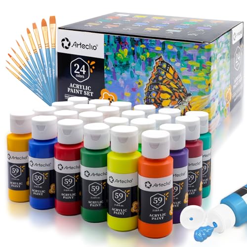 Artecho Acrylfarben Set 24 x 59ml mit 10-teiligem Pinsel, Acrylfarben Wasserfest und Lichtecht, Ungiftig, Acrylic Paint Set, Ideal für Leinwand, Papier und Stoffe, Geeignet für Anfänger und Profis