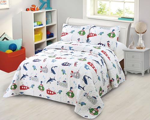 Kids Zone Collection Ocean Submarine Kinder-Bettwäsche-Set, gesteppt, mit Meeresleben-Muster, für Doppelbett/Queen-Size-Bett, Weiß