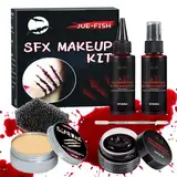 Kunstblut Halloween Schminke Set, Halloween Blut Fake Blood 50ml Blutspray + 50ml Tropfendes Blut + 30g Blutcreme + 30g Narbenwachs Vampir Zombie Wunden Wundschorf Narben Schminke Halloween Make Up