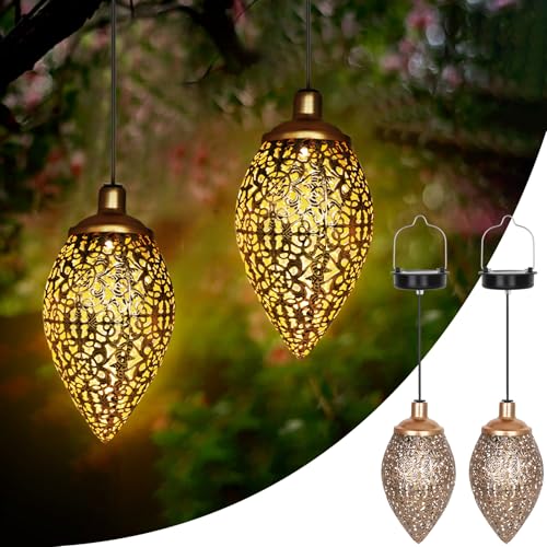 CCILAND Solarlaterne für Außen, 2 Stück Metall Solarlaterne mie Warmweiß LED, Wetterfest Vintage Solarlampen für Außen Hängend, Garten, Baum, Patio, Camping, Rasen Deko