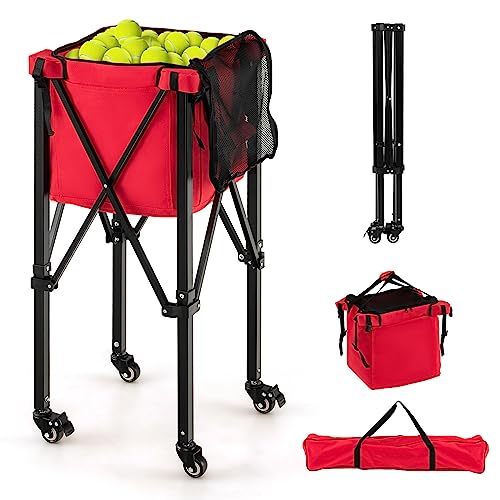 COSTWAY Tennisballwagen klappbar, Leichter Tennisballkorb mit Rädern, Seitentasche & Tragetasche, tragbarer Ballwagen aus Aluminium für 150 Tennisbälle bis 30 kg Belastbar (Rot)