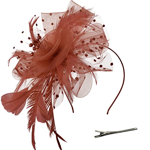 DRESHOW Fascinators Hut Blume Mesh Bänder Federn auf einem Stirnband und Einem Geteilten Clip Cocktail Tea Party Headwear für Mädchen und Damen