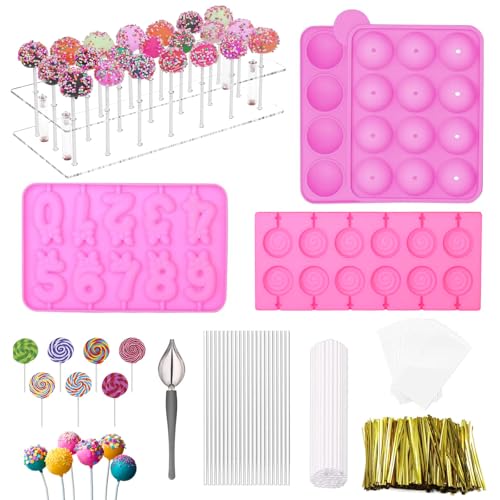 Cake-Pop-Set für Cake-Pops, 3 Silikonformen mit Lutscher-Ständer, Tasche und Bindebändern, geeignet für selbstgemachte Lutscher, Süßigkeiten, Pralinen, 855 Stück