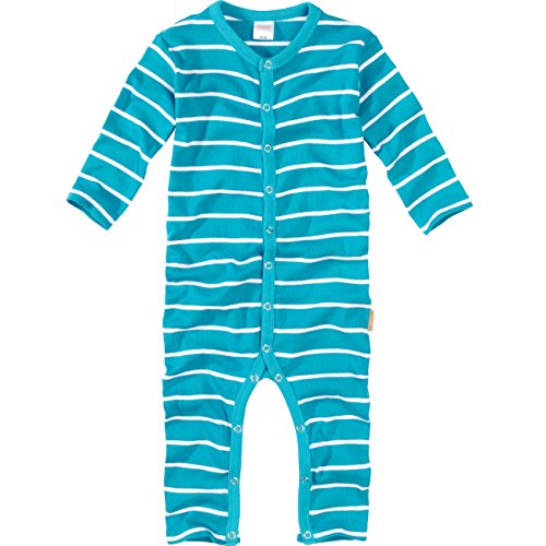 wellyou, Schlafanzug, Pyjama Jungen und Maedchen, Einteiler langarm, Baby Kinder, tuerkis weiss gestreift, geringelt, Feinripp 100% Baumwolle, Gr 104-110