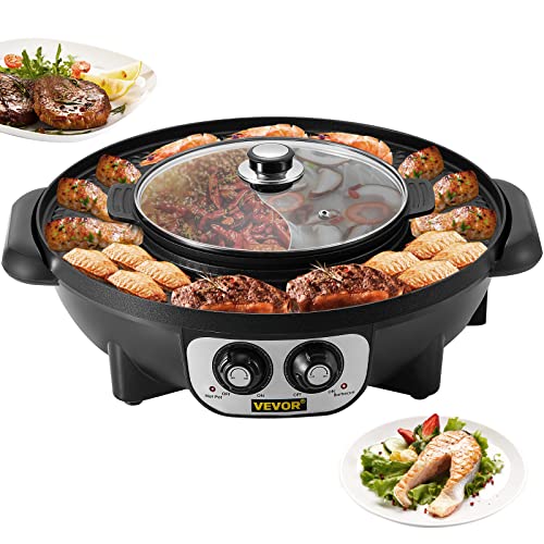 VEVOR 2 in 1 Elektrischer Hot Pot Grill, 1200W + 1000W Elektrische Topf GrillpfanneGeeignet für 8 Personen, Grill-Hot Pot GleichmäßIg Erhitzt mit Dual Temperaturregelung, Koreanischer Grill Abnehmbar