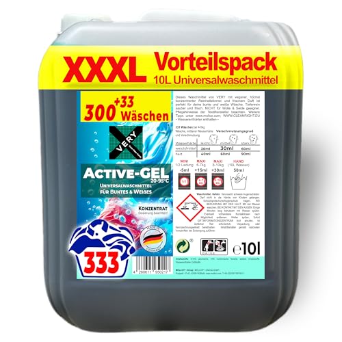 VERY Active-GEL | dickflüssiges Universal-Waschmittel, 10l Vorratspack, 333 Waschladungen | tiefenreine Sauberkeit, konzentrierte Reinheitsformel, angenehmer & unaufdringlicher Frischeduft, 20°C-95°C