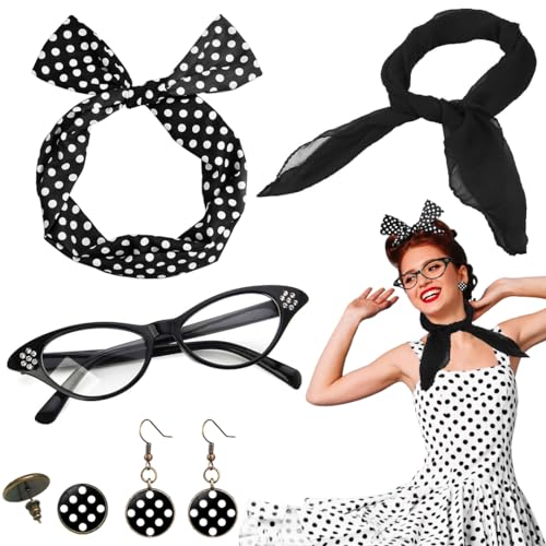 Rockabilly Accessoires Damen, 5TLG 60er 50er Jahre Rockabilly Kleider Damen Zubehör Schwarz, Polka Dot Haarband Stirnband Ohrringe Chiffon Schal Bandana Katzen Auge Brille für 1950s Kostüm Motoparty