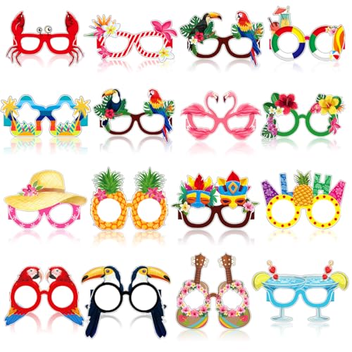 Capaneus 16 Stück Hawaiian Papierbrille, Tropical Hawaiian Party Lustige Brillen Foto Requisiten，Sommer Beach Party Accessoires für Kinder und Erwachsene, Hawaii Kostüm Zubehör