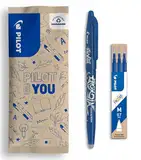 PILOT - Set bestehend aus 1 FriXion Ball und 1 Set mit 3 Minen - Radierbarer Stift mit wärmeempfindlicher Tinte - Nachfüllbarer Rollerball-Stift aus recyceltem Kunststoff - Blau - Mittlere Spitze