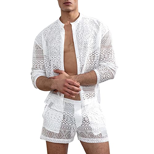 Pyjama Set Herren Top Shorts Anzug Set Hemd Shorts hohl einfarbig Spitze Outfit für Hochzeit Nacht Flitterwochen sexy Strand Urlaub Shirt Set Männer Hochzeitsgeschenk