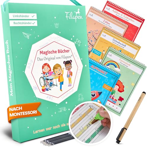 Filapen® Magische Vorschulhefte ab 5 Jahren - 5x Übungshefte + Stift – Schreiben & Lesen lernen, Buchstaben & Zahlen – Wiederverwendbare Schreiblernhefte - Linkshänder geeignet – Einschulung
