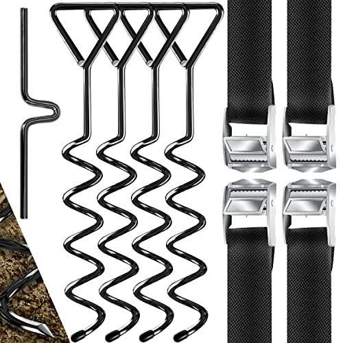 KESSER® 4 Bodenanker Erdanker 9-teiliges Set Befestigung für Trampolin, Schaukel, Pavillon, Partyzelt, Gartenhaus, Schaukel, Zelt, aus 1cm Ø Stahl Zum Eindrehen, + 4 Gurte + Drehhilfe