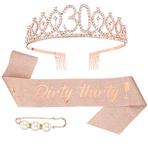 Veraing "Dirty Thirty 30. Geburtstags-Krone Schärpe Set, Roségold Geburtstags Tiara für Frauen Birthday Crown Prinzessin Haar-Zusätze für Frauen Party Accessoires