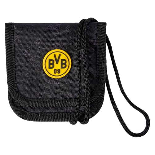 Borussia Dortmund BVB Umhänge-Geldbeutel Allover Schwarz für Kids - Mit BVB-Emblem und dezentem Aufdruck, 2 Reißverschlussfächer, Oeko Tex Made in Green