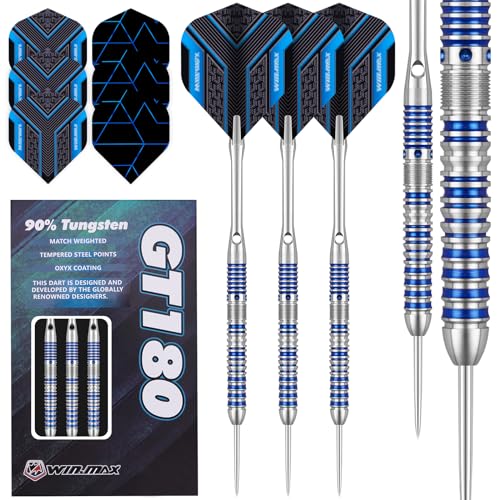 WIN.MAX Dartpfeile mit Metallspitze 90% Tungsten 3 Stück 90% Wolfram Stahl Darts 24 Gramm Dart professionelle Stahlpfeile mit Metallspitzen blau