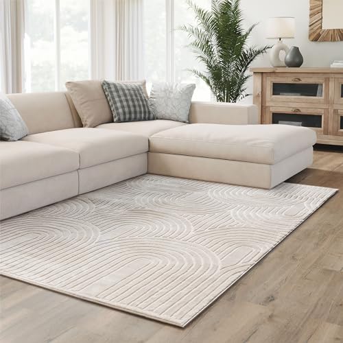 Interiyou Kurzflor Teppich Cannes - 120x170 cm Creme - Skandinavisches Boho Muster mit 3D Hoch-Tief Effekt - Flach mit Geometrischem Muster