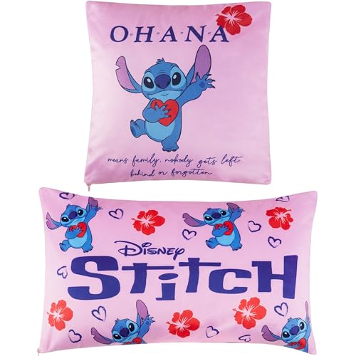 Disney Stitch Kinder Kissenbezug Set Flower Pillow Case 50 x 30 cm & 35 x 35 cm (Rosa Stitch)