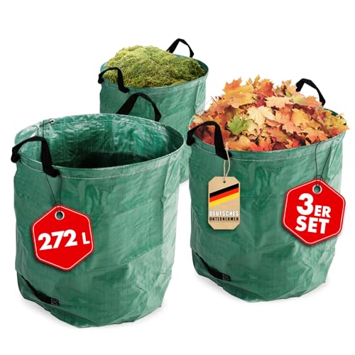 Floordirekt Gartenabfallsack 272 Liter - 3er SET - Laubsammler, Korb, Gartensack, Laubsack, stabiler und selbststehender Müllsack mit 4 Griffen für den Garten, Abfallsack, Rasensammler