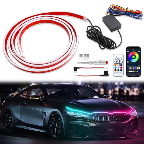 DREAMIZER Auto tagfahrlicht, 12V 180cm Bunt Auto Motorhaube Ambientebeleuchtung, 16 Millionen Farben Flexibler wasserdichter LED Tagfahrlicht für Autos, SUVs, LKWs (APP und Fernbedienung)