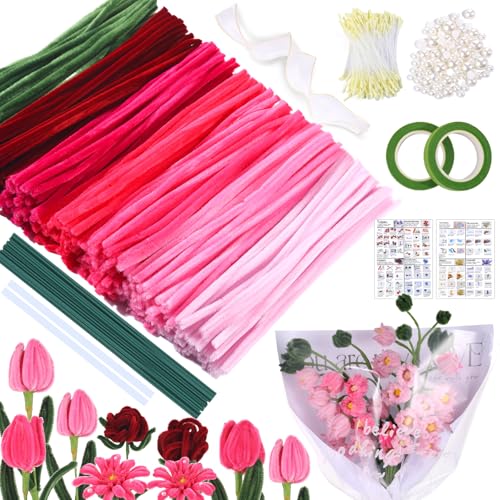 MKLG 385 Stück Pfeifenreiniger Blumen Set, Pfeifenputzer Blumen Zum Basteln, Mit Grüne Blumenstöcke, Klebebandrollen, Klebestifte, Anleitungen, Blumenstraußverpackungen, Bänder, Staubgefäße etc (Rosa)