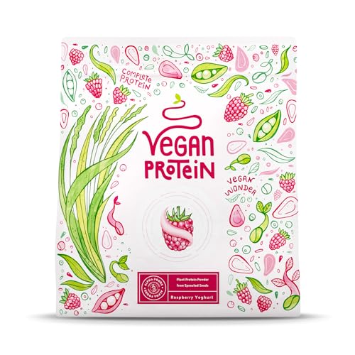 Veganes Proteinpulver - 600g Himbeer-Joghurt Eiweißpulver - 24g Protein (auf 30g) - Premiumqualität Vegan Protein Shake - Whey Ersatz - Aus Soja, Reis, Erbsen, Sonnenblume & Kürbiskernen