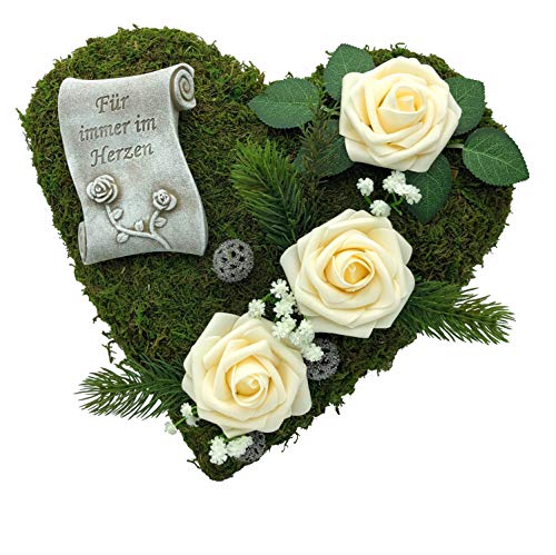 Grabgesteck Grabschmuck Grabaufleger Moosherz Grabherz Trauerherz Grab Herz Gesteck Rosen mit Schriftrolle Für Immer im Herzen (Rosen Creme)