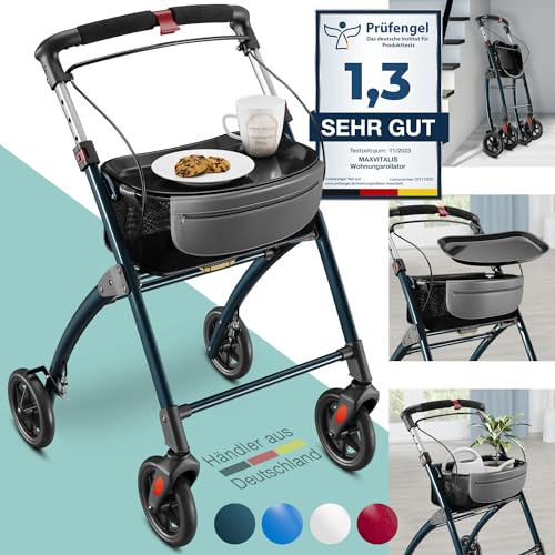 maxVitalis Wohnungsrollator 54cm breit, faltbar und leicht, inkl. Tablett & Stoffkorb, Rollator schmal für die Wohnung, Indoor-Rollator, klappbar, Aluminium,Mobilität für Zuhause anthrazit