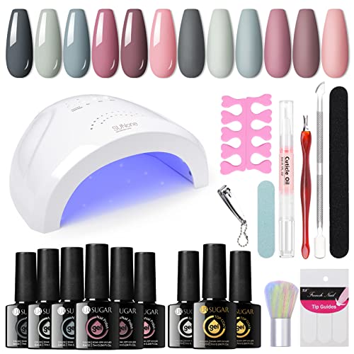 UR SUGAR UV Nagellack Set mit UV Lampe 48W, 6 Farben Gel Nagellack Starterset UV Gel Nagellack Set mit Base und Top Matte Coat Rosa Nude Grau Gelnägel Starterset Shellac Gellack Nägel Nagelstudio Set