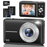 Digitalkamera Fotokamera mit 32GB Karte, 1080P FHD 44MP Kinder Kamera 2,4 '' LCD 16X Digital Zoom Kompaktkamera, Tragbare Fotoapparat mit 2 Akku, Kamera für Kinder, Teenager, Anfänger (Schwarz)