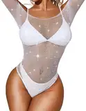 RSLOVE Damen Bodysuit Fischnetz mit Strass-Verzierung Overall Catsuit Weiß Einheitsgröße