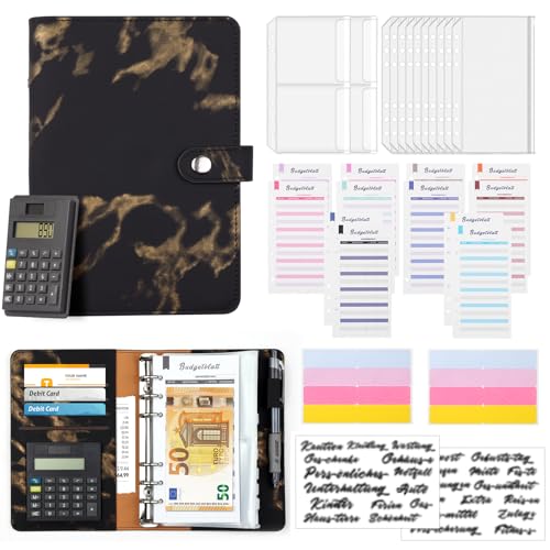 Budget Planner Deutsch mit Taschenrechner A6 Budget Binder Cash Stuffing Finanzplaner Sparchallenge Budgetplaner Geld Organizer Sparbuch Geldplaner Haushaltsbuch mit Geldfächer (Marmor Schwarz)