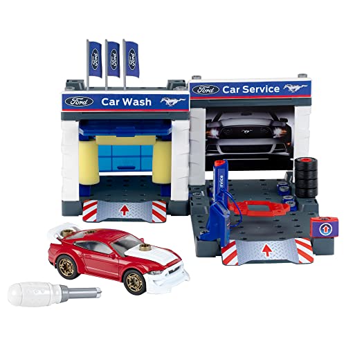 Theo Klein 3313 Service-Station mit 2019 Ford Mustang I Garage und Auto demontierbar I Spiel-Werkstatt inkl. Hebebühne und Waschstraße I Maße: 41 cm x 39 cm x 29 cm I Spielzeug für Kinder ab 3 Jahren