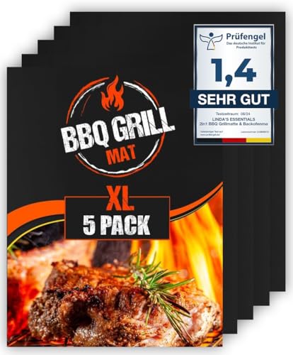 Extra große BBQ Grillmatte für Gasgrill, Elektro und Holzkohle (5er Pack) 50 x 40cm - Wiederverwendbare, hitzebeständige Grillmatten für Holzkohle, Teflon Grillmatte, Grillfolie, Grill Zubehör