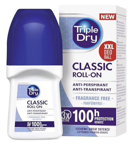 Triple Dry Anti-Transpirant Roll-On, 50 ml, Deoroller gegen starkes Schwitzen, antibakterielles Deodorant für 72 h Schutz, parfümfreies Antiperspirant