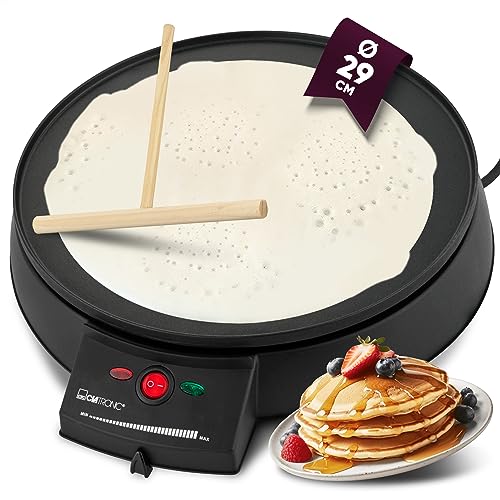 Clatronic Crepes Maker für Crepes mit Ø 29 cm | Crepe Maker inkl. Teigverteiler | antihaftbeschichter Oberfläche | Stufenlos regelbarer Thermostat u. Backampel | Pfannkuchen Maker mit 900 W | CM 3372