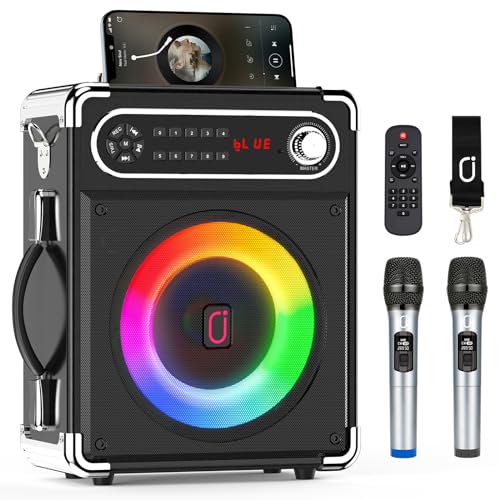 JAUYXIAN Karaoke Maschine mit 2 Mikrofones, Bluetooth Lautsprecher, Party-Soundsystem Tragbarer Lautsprecher Musikbox mit LED-Leuchten unterstützt USB/TF-Karte/AUX/FM/Rec für Party und Draußen