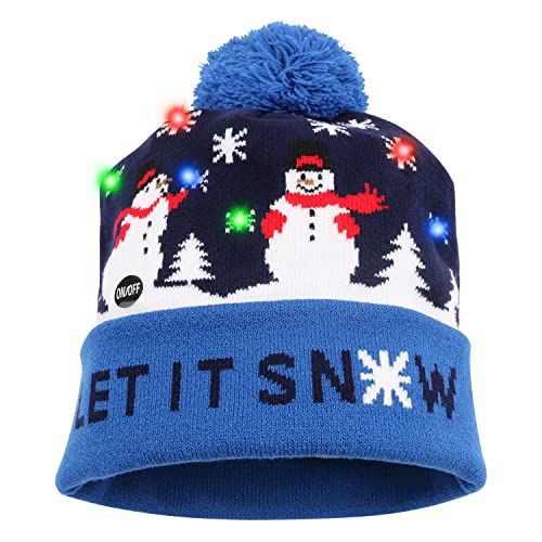 DANGZW LED-Weihnachtsmütze LED Leuchten Strickmütze Warme Neuheit Weihnachten Hut Hut Beanie Cap für Unisex Kinder. Weihnachtsmützen, Bommelmütze, für Weihnachten Partys, Neujahrsgeschenk (Blau)