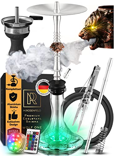 Shisha Set Komplett WOLF ONE - mit unikalem Air Flow durch 3 edle Wolf Köpfe aus Kupfer - Besonderes Alluminium Shisha Set für Menschen mit Geschmack - Weltklasse Rauchverhalten für Gewinner 85cm