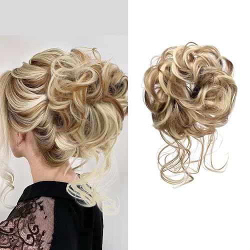 Haarteil Haargummi Hochsteckfrisuren,Messy Bun Haarteil Lockige Wellige Haar Bun Erweiterungen kunsthaar Tousled Updo Haarteile für Frauen Mädchen (18H613# (Ash Blond Mischen Blond bleichen))