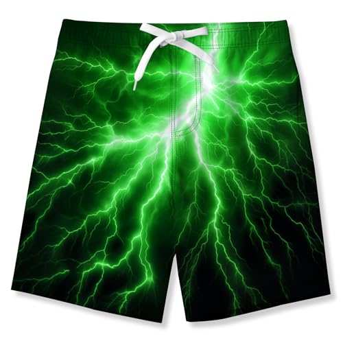 NEWISTAR Badehose Jungen Kinder Badeshorts Coole 3D Blitz Muster Boarshorts Sommer Schnelltrocknend Badeshorts Hawaii Strand Surf Schwimmhose Urlaub Short Kurze Grün 10-11 Jahre