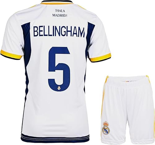 KISRAS R. Madrid Jude Bellingham #5 Heim Fußball Kinder Trikot Shorts Set Jugendgrößen (Weiß,176)