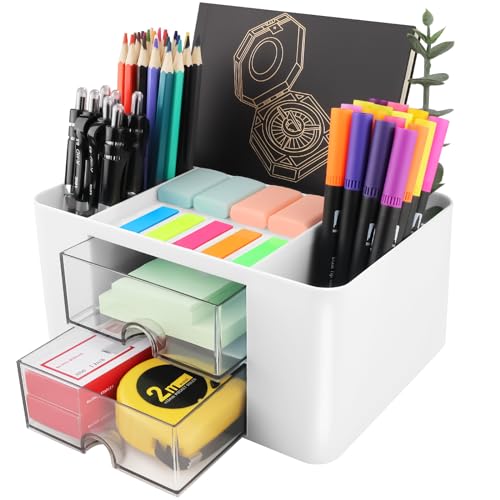 DoDuo Schreibtisch Organizer Weiß, Plastik Stifthalter Schreibtisch 5 Fächer und 2 Schubladen, Multifunktionaler Desk Organizer Kinder Aesthetic für Stifte Büro Zuhause Schule (Weiß)