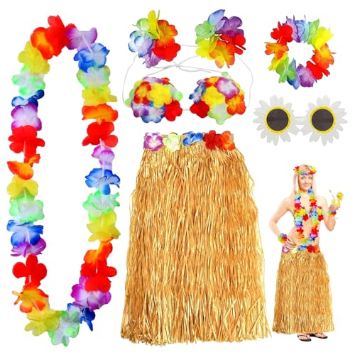 DTXYBC 7 Stück Hawaii Party Kostüm Set, Hawaiian Gras Rock Sets mit Halskette Armbänder Stirnband Blume BH und Ananas Sonnenbrille für Beachparty Deko Cheerleading Ostern